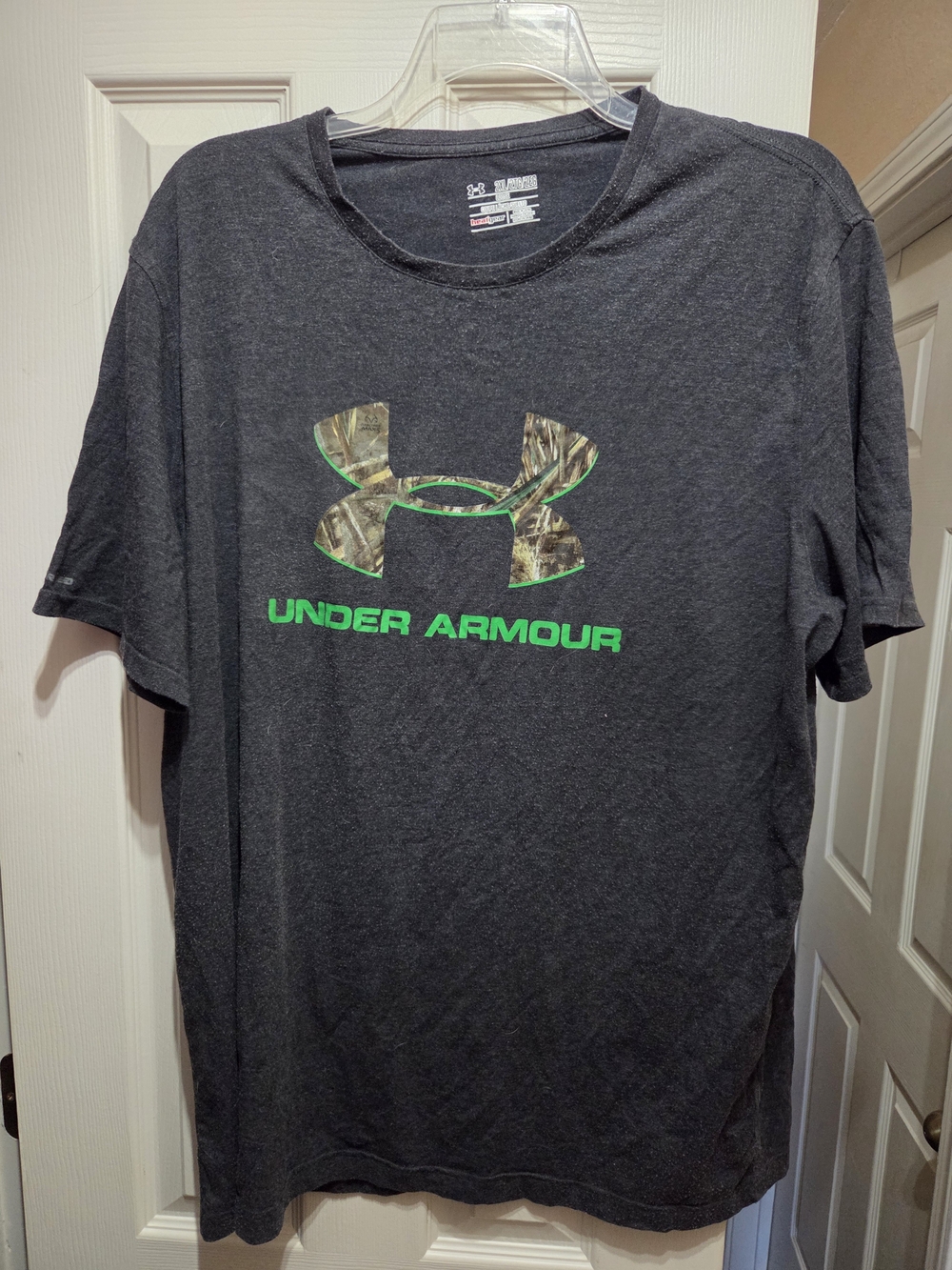 Under Armour Dark Gray Short Sleeve Tee with Camo Logo and Neon Green Text